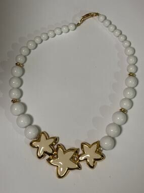Vintage Napier Collar Necklace gold Tone Stars with Beige Enamel
